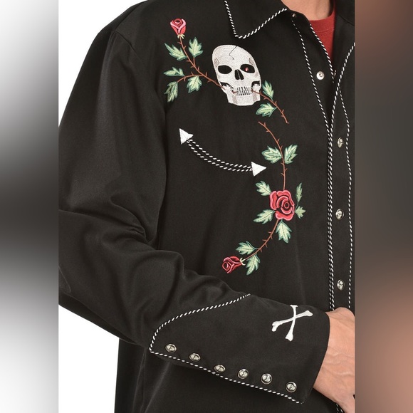 Vintage Scully Skull Rose Western Embroidered Pearl Snap Black Button Up Size L - Picture 2 of 15